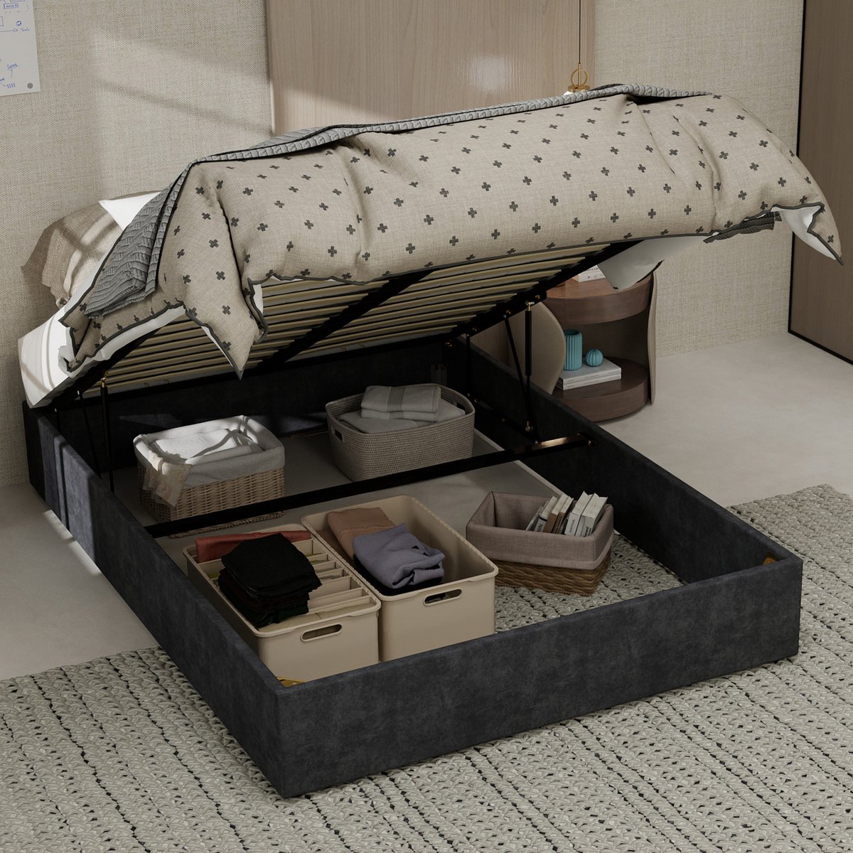 REDOM bedframe 140x200 cm – Stof + metaal grijs – Geometrisch hoofdbord met siernagels – Lattenbodemframe Donkergrijs
