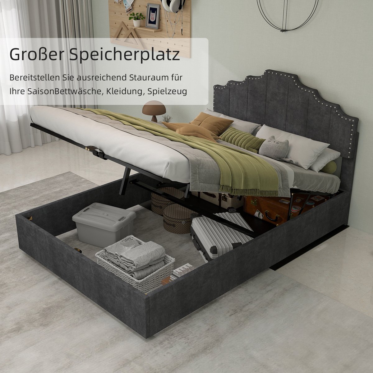 REDOM Gestoffeerd bedframe 140x200 cm – Geometrisch hoofdbord met siernagels – Incl. lattenbodem – Grijs