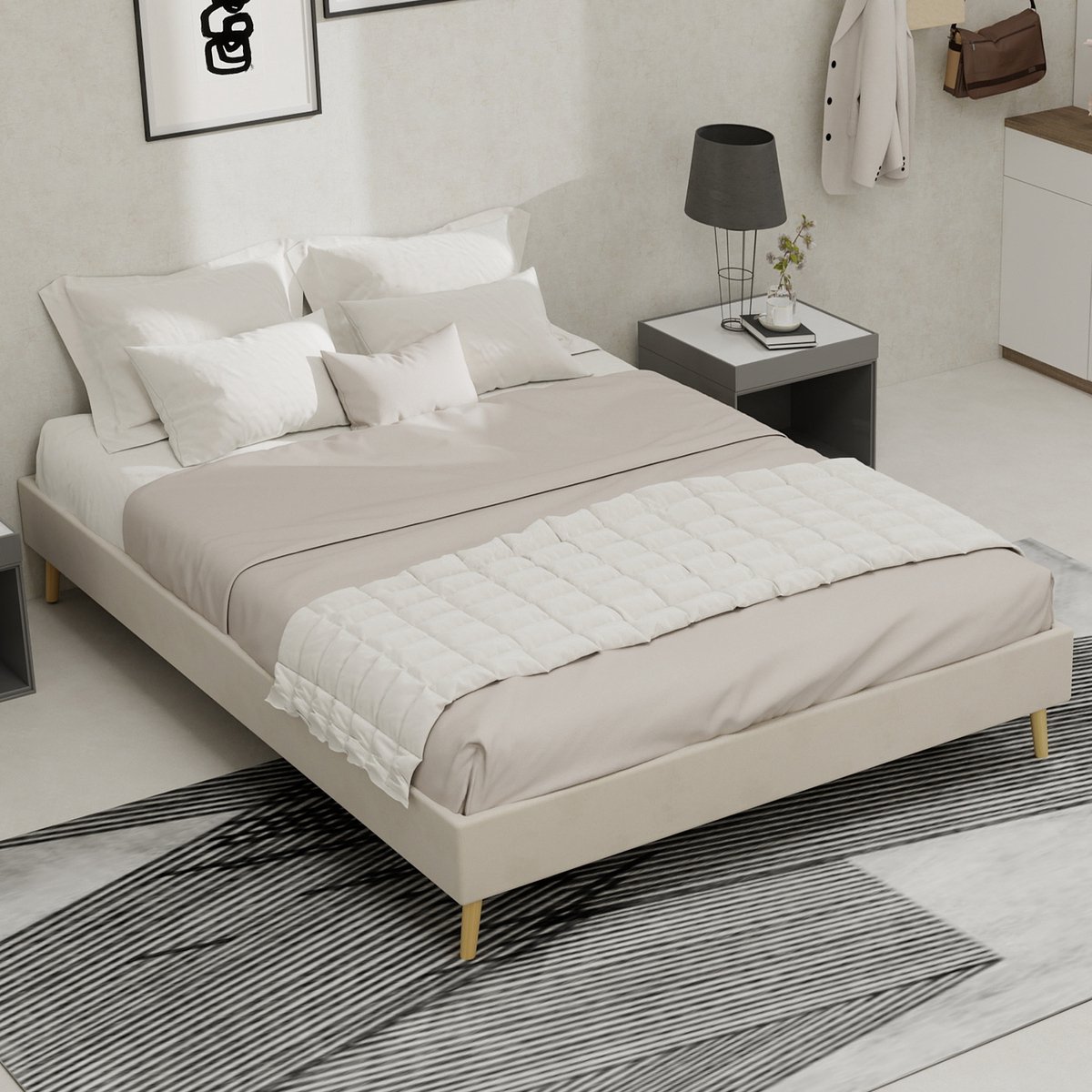 REDOM bedframe 140x200 cm – Dutch velvet beige – Minimalistisch ontwerp, metaal – 1 pakket
