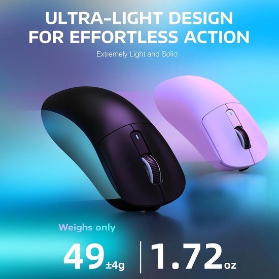Twee lichtgewicht draadloze muizen, een zwarte en een lichtpaarse, zwevend op een blauw en paars verlichte achtergrond.