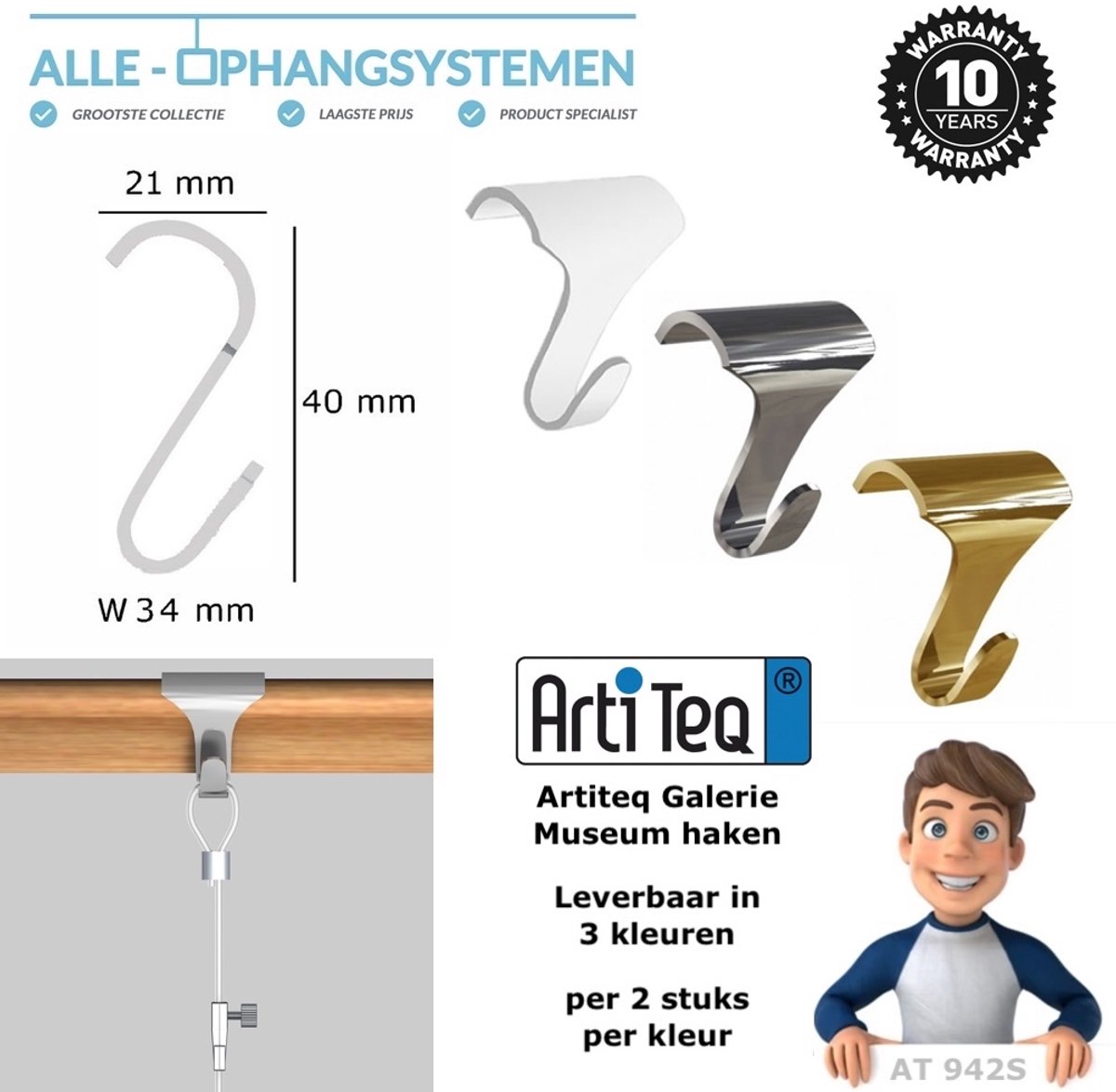 Artiteq 2x Kleine Museum- & Galeriehaken voor houten schilderij ophangrails - kleur Wit