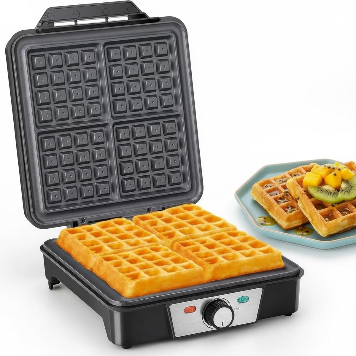 Wafelijzer voor 4 wafels met Antiaanbaklaag en 1200 Watt Vermogen
