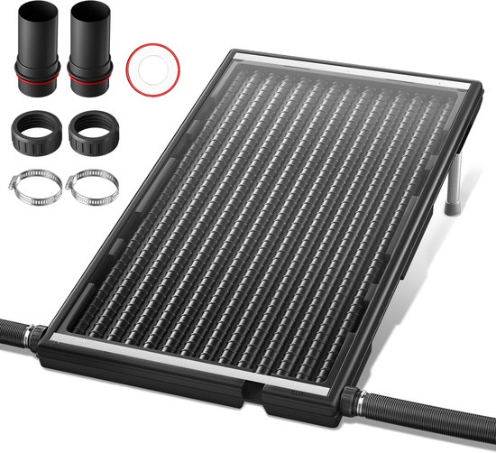 Zonnecollector met accessoires: slangen, klemmen en adapters.