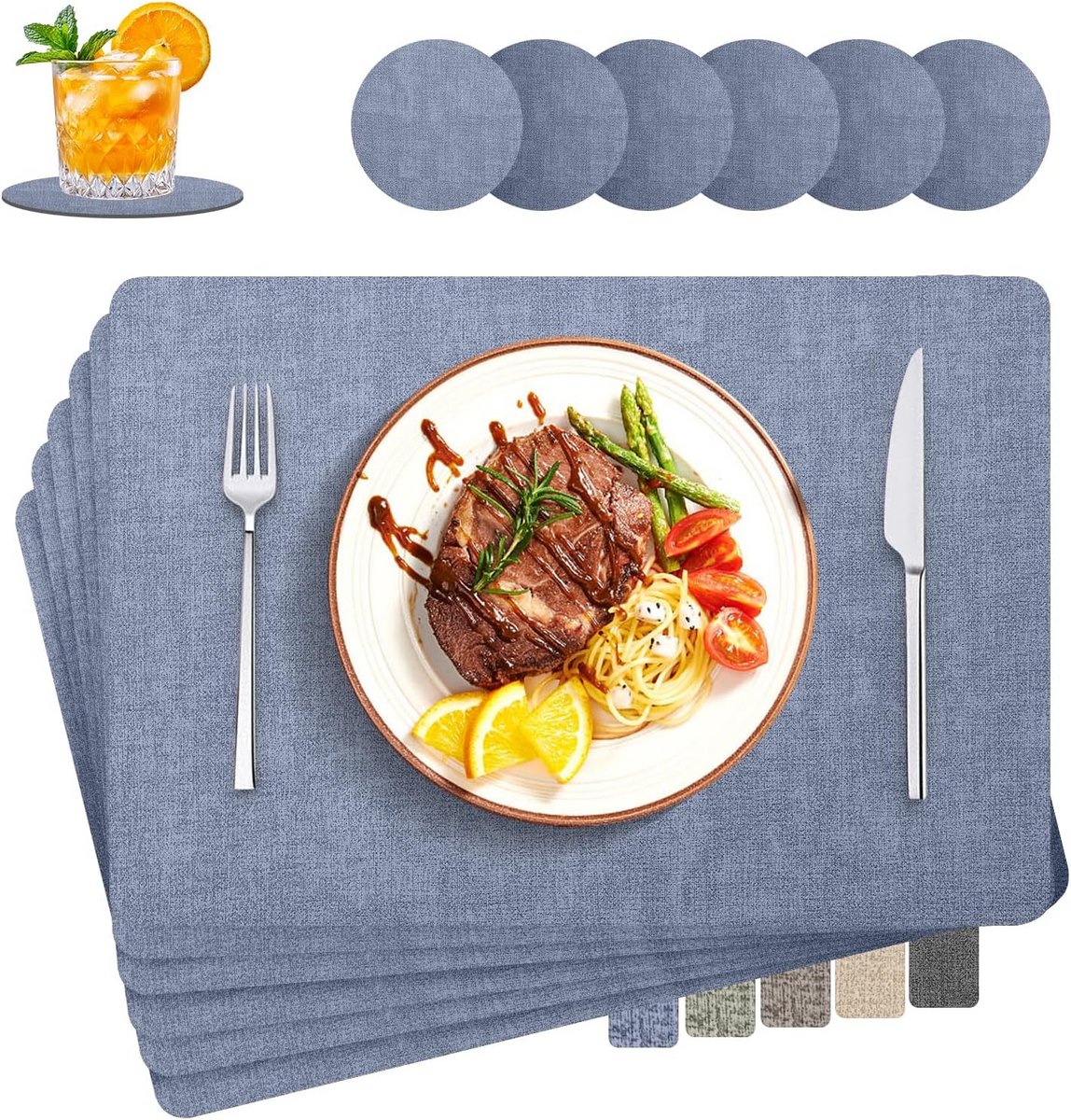 Set van 6 Afwasbare Imitatielinnen Placemats - Hittebestendig & Antislip - Blauw 30x43 cm