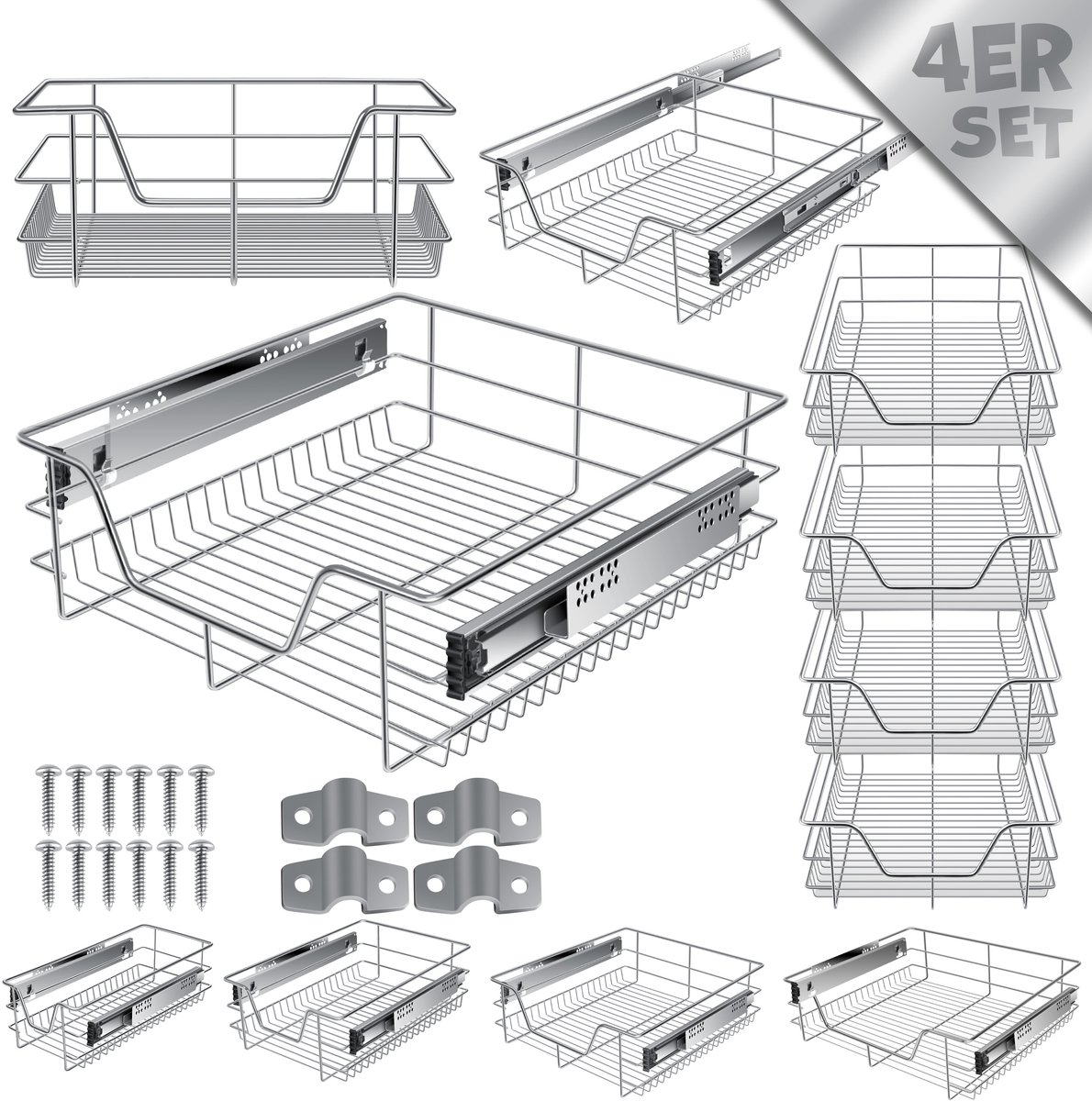 KESSER® Keukenlade / Telescopische lade / Keukenkast / Mand uittrekbaar / Kast uittrekbaar / Volledig uittrekbaar / Lade - 4x 50cm - Zilver