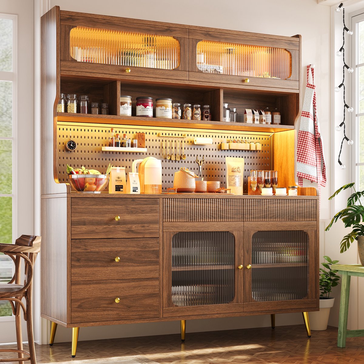 STILVORA Hoge Kast - Liftdeur Met Ledverlichting En App - Met Lade En Geprofileerd Glas - Voor Keuken En Woonkamer - Mdf - Walnoot - 145x39x171 Cm