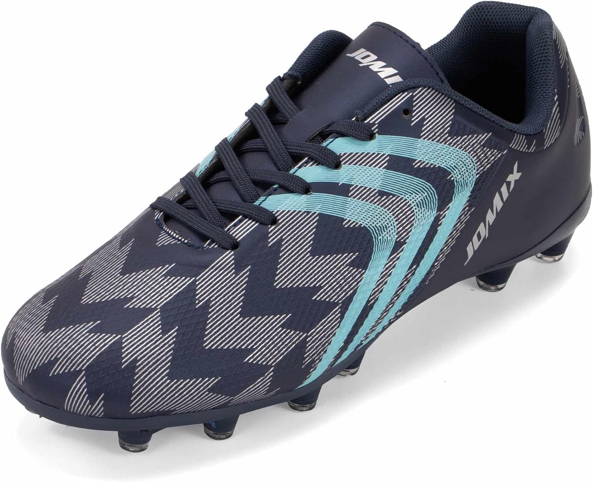 Lichte heren voetbalschoenen met antislip noppen, synthetisch bovenmateriaal en een modern, gestreept ontwerp.