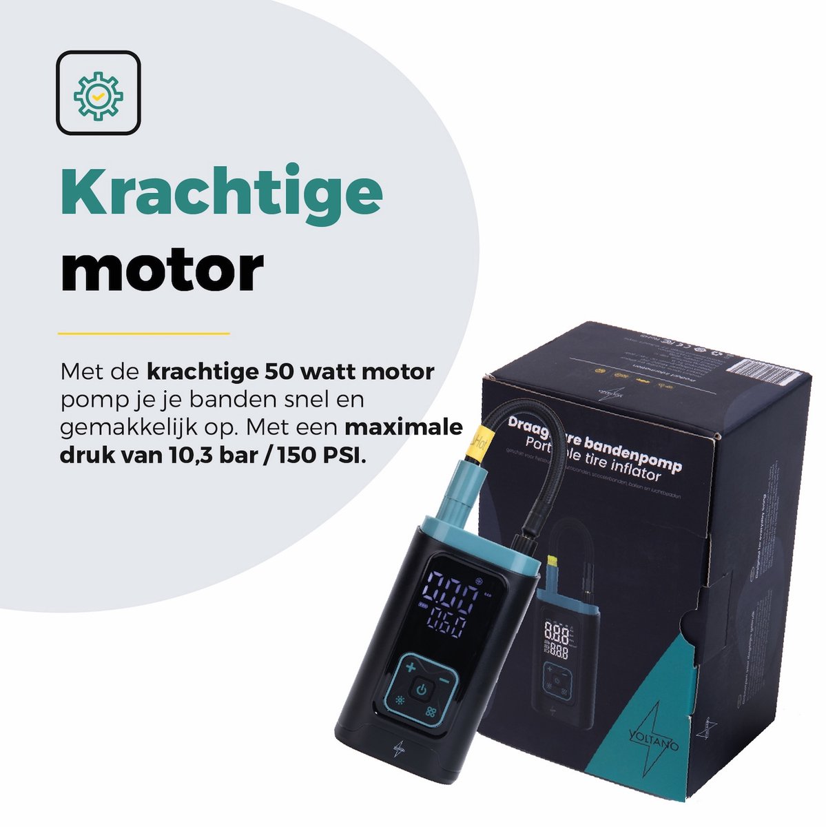 Voltano Elektrische Bandenpomp / Fietspomp Voor Auto / Motor / Scooter - Zwart / Ijsblauw - Draagbare Luchtcompressor - Voorgeprogrammeerde Standen - Pomp Tot 10,3 BAR - Incl. Opzetstukken Presta, Schader, Hollands Ventiel En Meer thumbnail 2
