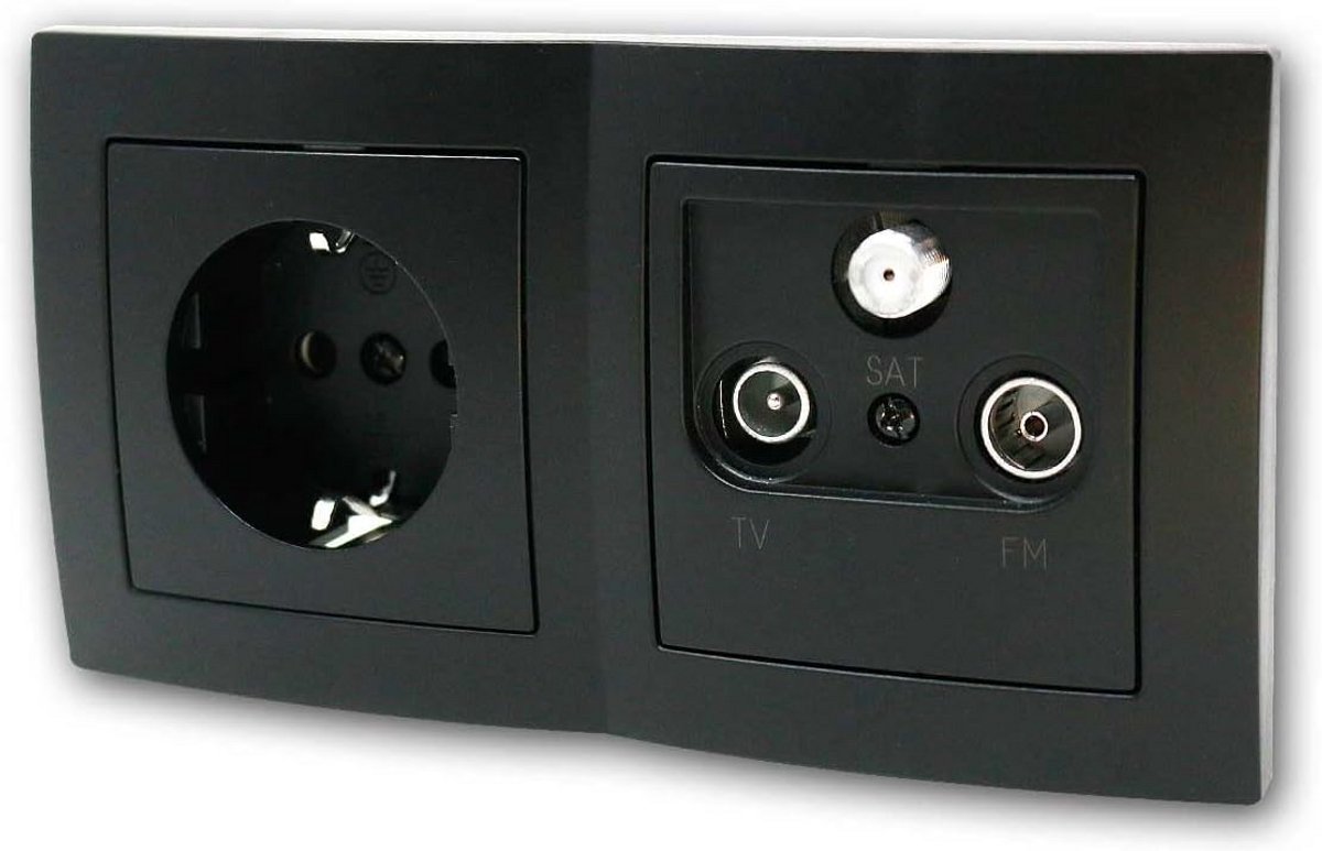 Zwart Inbouw Stopcontact en Antenne-/Satellietaansluiting voor TV Hoek