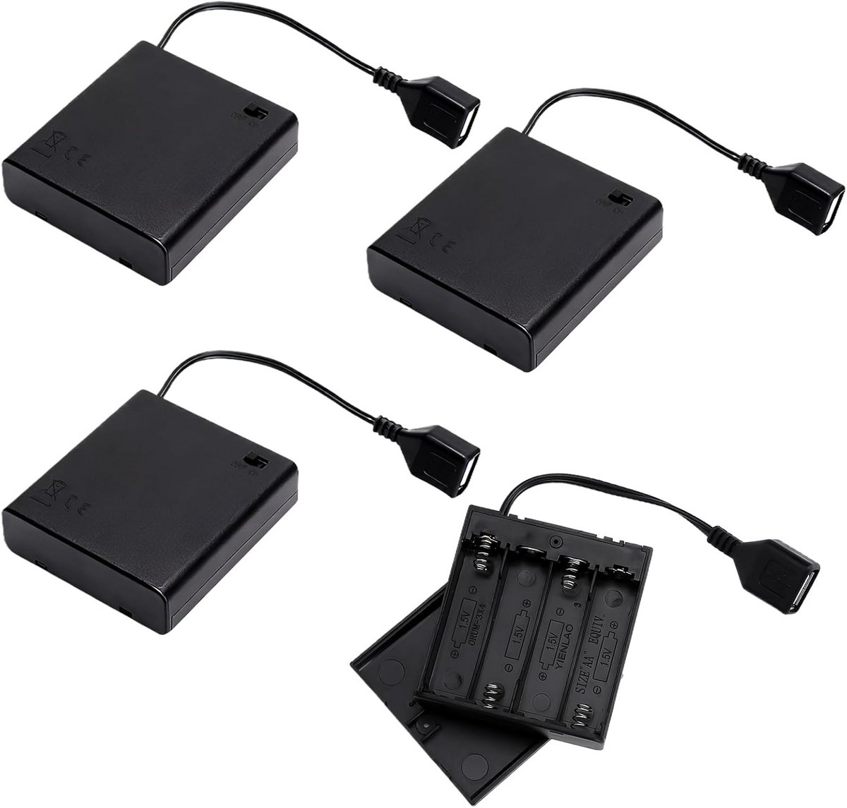 4 stuks AA Batterijhouder met USB en Aan/Uit Schakelaar