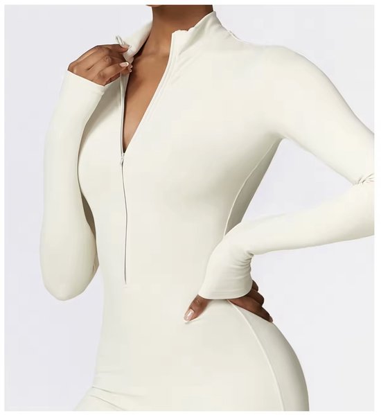 Volt Zip Long Jumpsuit – Maat M – Creme - Gevoerde Long Sleeve Dames Jumpsuit - Beige — afbeelding 4