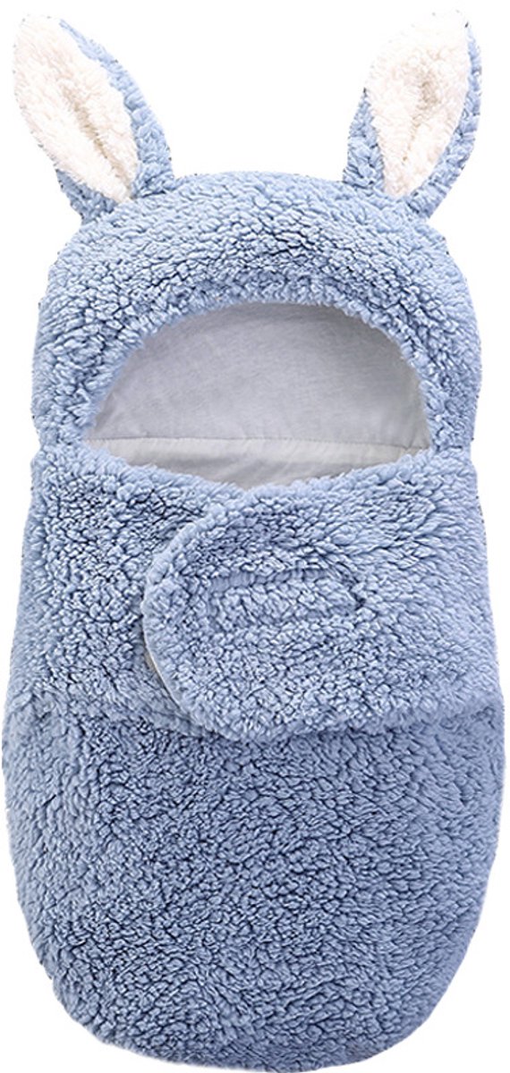 Inbakerdeken voor baby's - inbakerdeken voor pasgeborenen - met schattige konijnenoortjes - zachte pluche hoes - geschikt voor 4-6 maanden - maat L -blauw