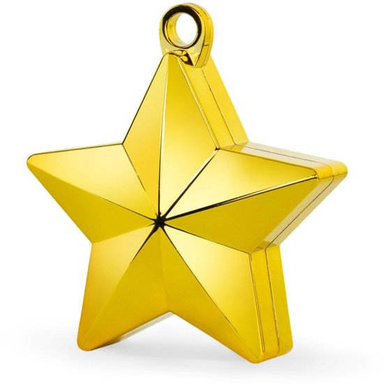 Een glanzende, gouden sterdecoratie met een ophangoogje.