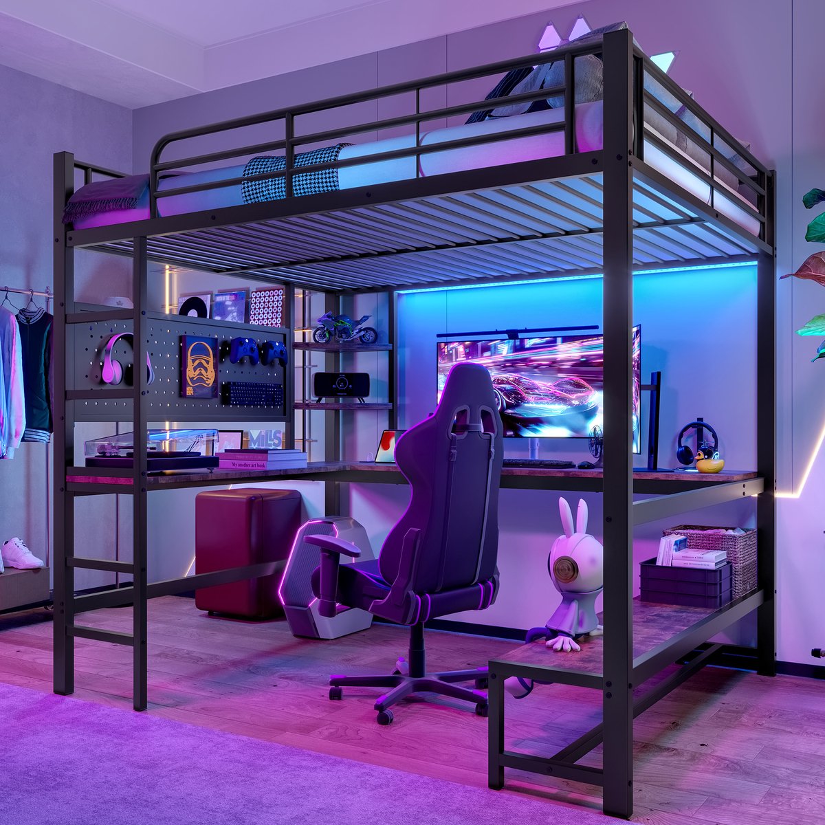 Hoogslaper - 140x200 cm - Met Bureau En Opbergplanken - LED Strip En USB/Type-C - Metaal -