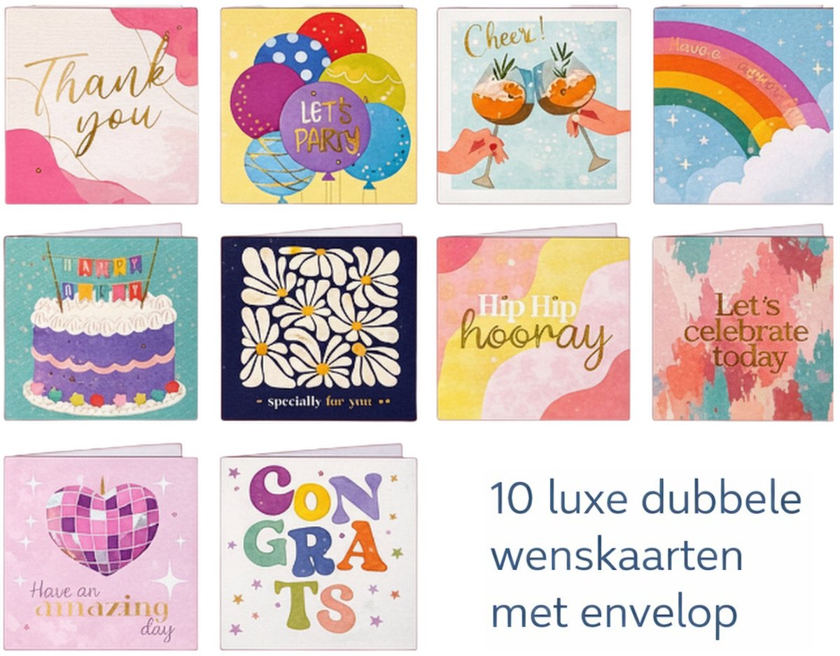 10 Verschillende Luxe Dubbele Wenskaarten Met Eenvelop – Goud & Zilver Details – 3D Effect