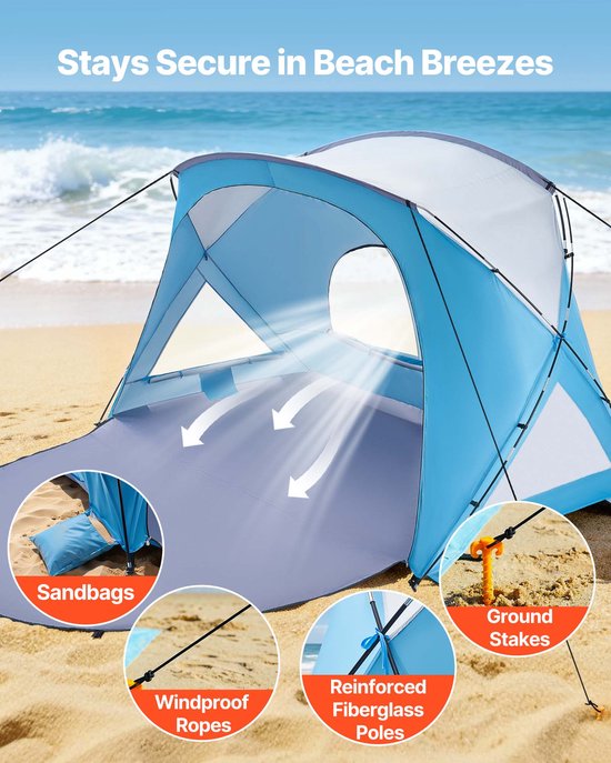 VEVOR strandtent met zonnescherm voor 6 personen, UPF 50+ bescherming, draagbare strandtent met draagtas en grondankers, stevige strandparasol voor kamperen, vissen, picknicken, zonnetent van Vevor — afbeelding 2