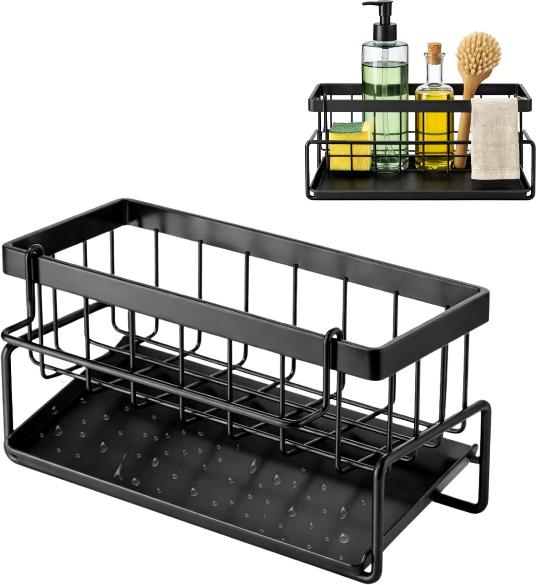 Teedz Gootsteen Organizer met Druiplade – Keuken & Badkamer Organizer – Sponshouder & Afwasmiddelhouder – Zwart – 23 cm