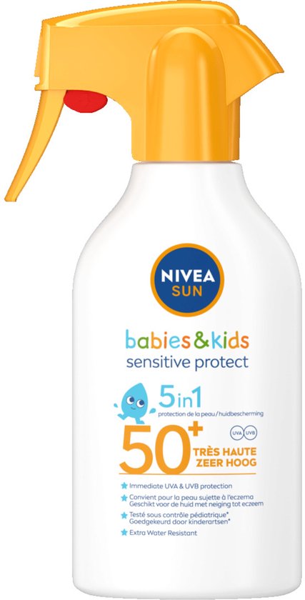NIVEA SUN Babies & Kids Sensitive Protect Zonnebrand Spray - Baby en Kind - SPF 50+ - Zonnespray - Eczeemgevoelige huid - Parfumvrij - Waterbestendig - 270 ml