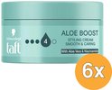 Taft Aloe Boost Styling Cream pot in turkoois, vooraanzicht, met "6x" in een gele cirkel.