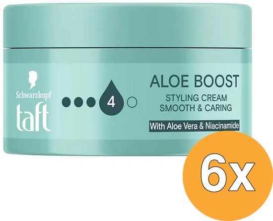 Taft Aloe Boost Styling Cream pot in turkoois, vooraanzicht, met "6x" in een gele cirkel.