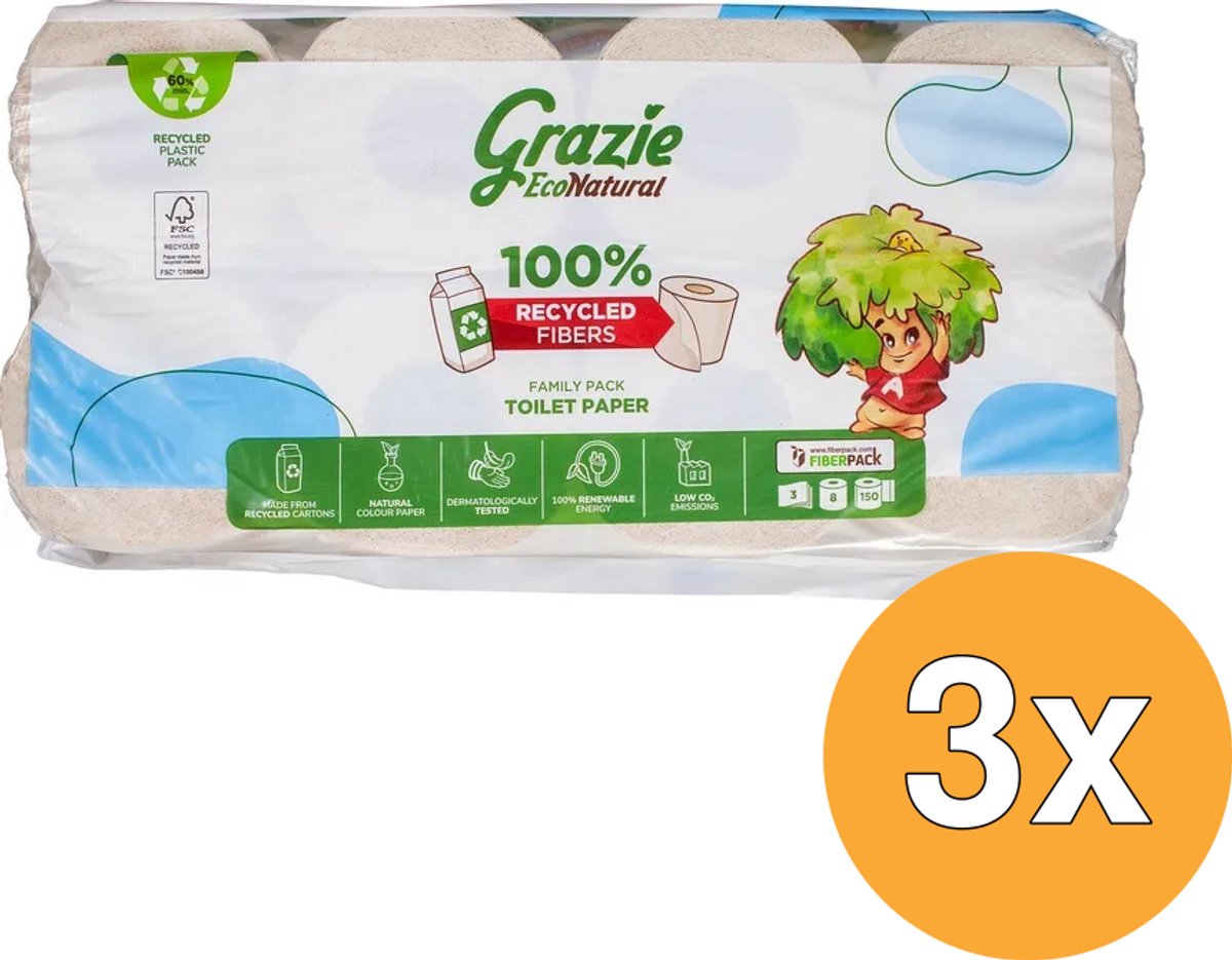 3x Grazie Natural Toiletpapier 3-laags (8 stuks)