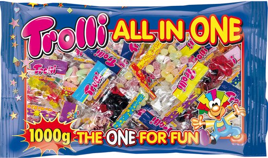 Trolli All in One 1000g zak met diverse snoepjes, inclusief Troli Clown.