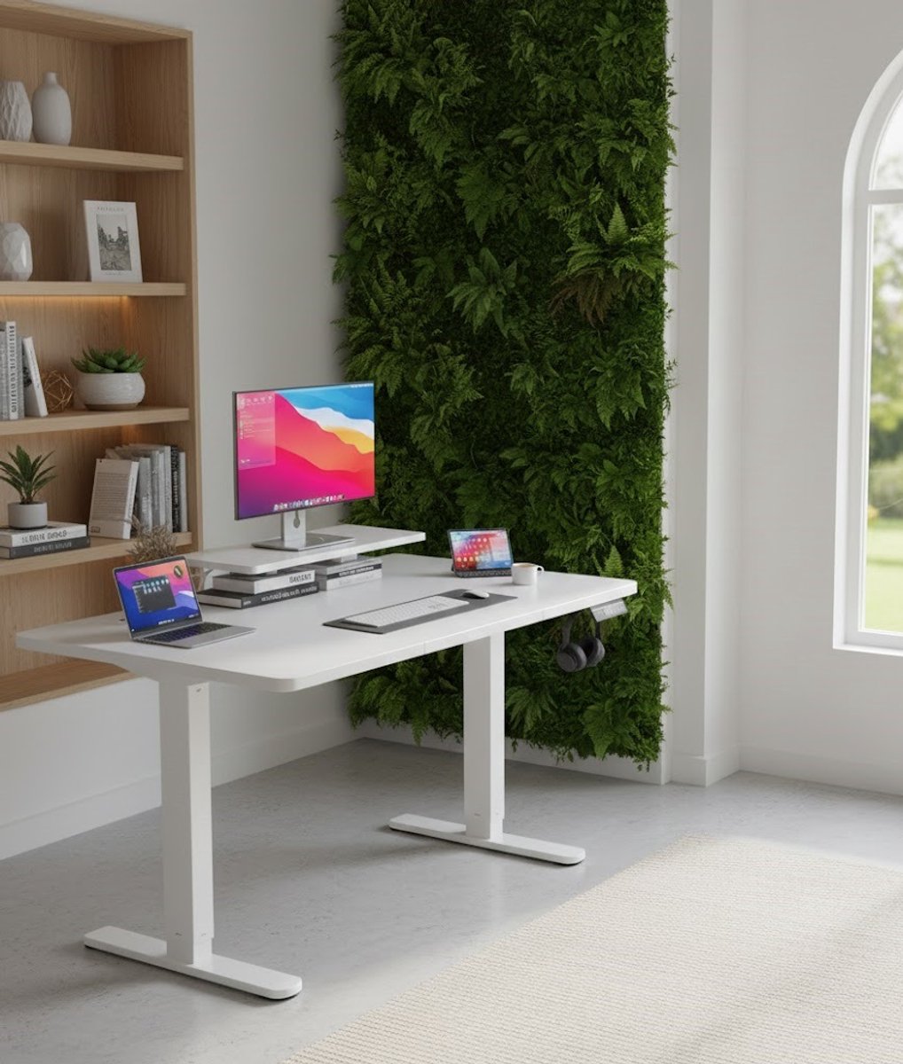 ErgoPro In hoogte verstelbaar elektrisch bureau met monitorstandaard – Sta-zit bureau – Ergonomisch werkbureau 120x60 cm – Wit | A-Furniture