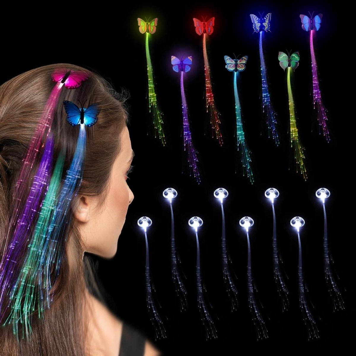 15-delige haaraccessoires met LED-verlichting, kleurrijke haarstrengen met vlinderdesign, glow in the dark, cadeau voor meisjes, regenboogeffect voor carnaval.