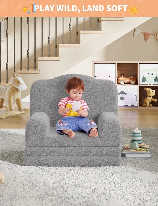 Opvouwbare 2-in-1 Kinderbank van Sherpa - Comfortabele Schuimfauteuil om te bouwen tot Lounger - Ideaal voor Kinderkamer & Speelkamer - Grijs van HOERFURIY — afbeelding 5