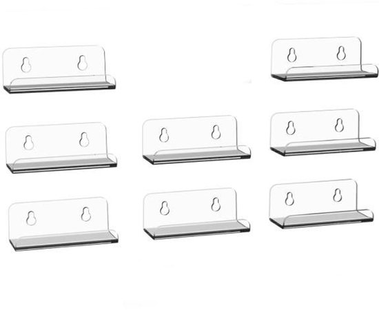 Set van acht transparante acryl wandhouders, elk 10x3.5x3cm, voor het presenteren van items.