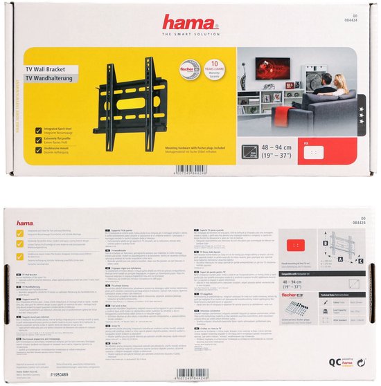 Verpakking van een Hama TV-muurbeugel met productafbeeldingen, specificaties en handleiding.