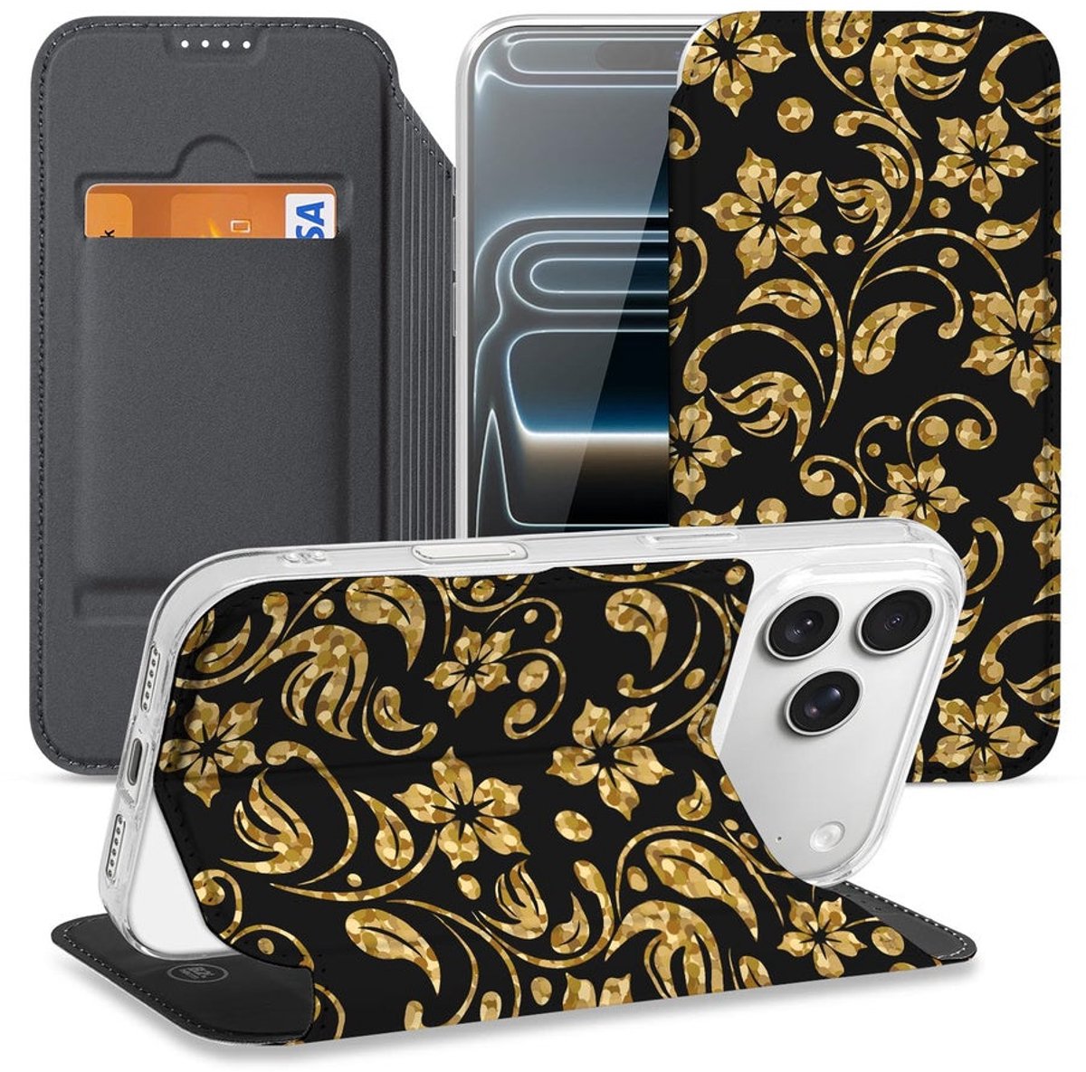 Book Case Apple iPhone 17 Pro Gouden Bloemen