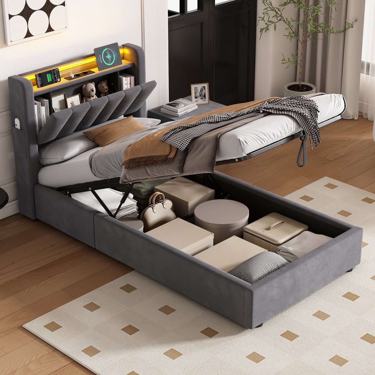 MIVRAY Eenpersoonsbed met LED 90x190 - Gestoffeerd Bed met Opbergruimte - Fluweel - Donkergrijs
