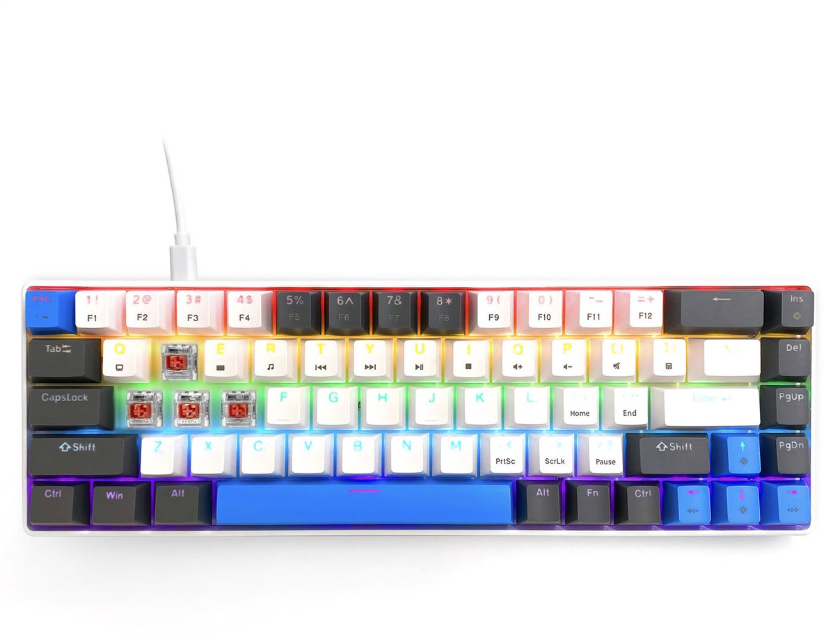 RED CORE MX60 - Mechanisch Toetsenbord - gaming toetsenbord van het type short 60%, mechanische silent RED-schakelaars, kleurrijke achtergrondverlichting, 68 toetsen, USB-C. Kleur: wit/blauw. Mediatech