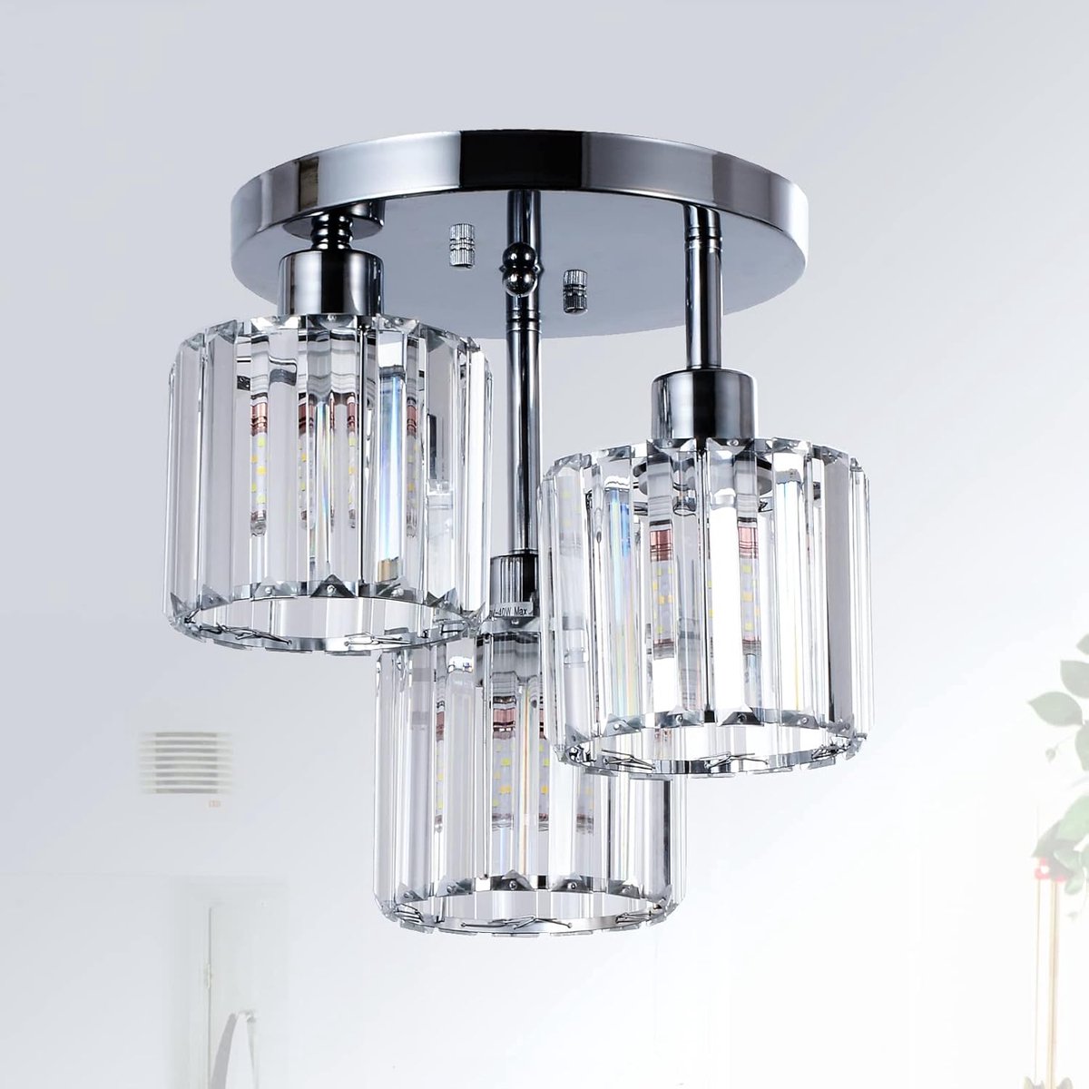 MELVRA Kristallen Kroonluchter - Hanglamp - 3-lichts - Plafondlamp met Glazen Lampenkap - Chroom - Voor Woonkamer, Slaapkamer, Keuken & Badkamer