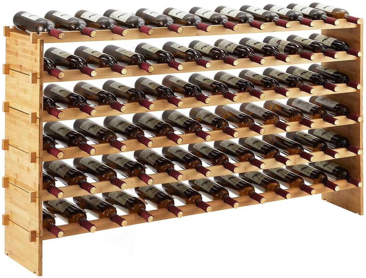 DIMICO - Groot wijnrek hout - Flessenrek - Wijnkast - Wijnrekken modulair - 72 flessen -Bamboe - Hout - 6 lagen - 114 × 28 × 86 cm