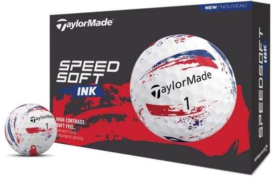 Doos met TaylorMade SpeedSoft Ink golfballen. Eén golfbal met rood/blauw spettermotief is zichtbaar.