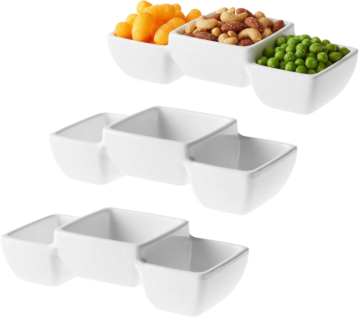 Snackschaaltje - 3x stuks - 3-vaks - 3x6 cm - wit - melamine - serveerschaal - 150 ml - snacks