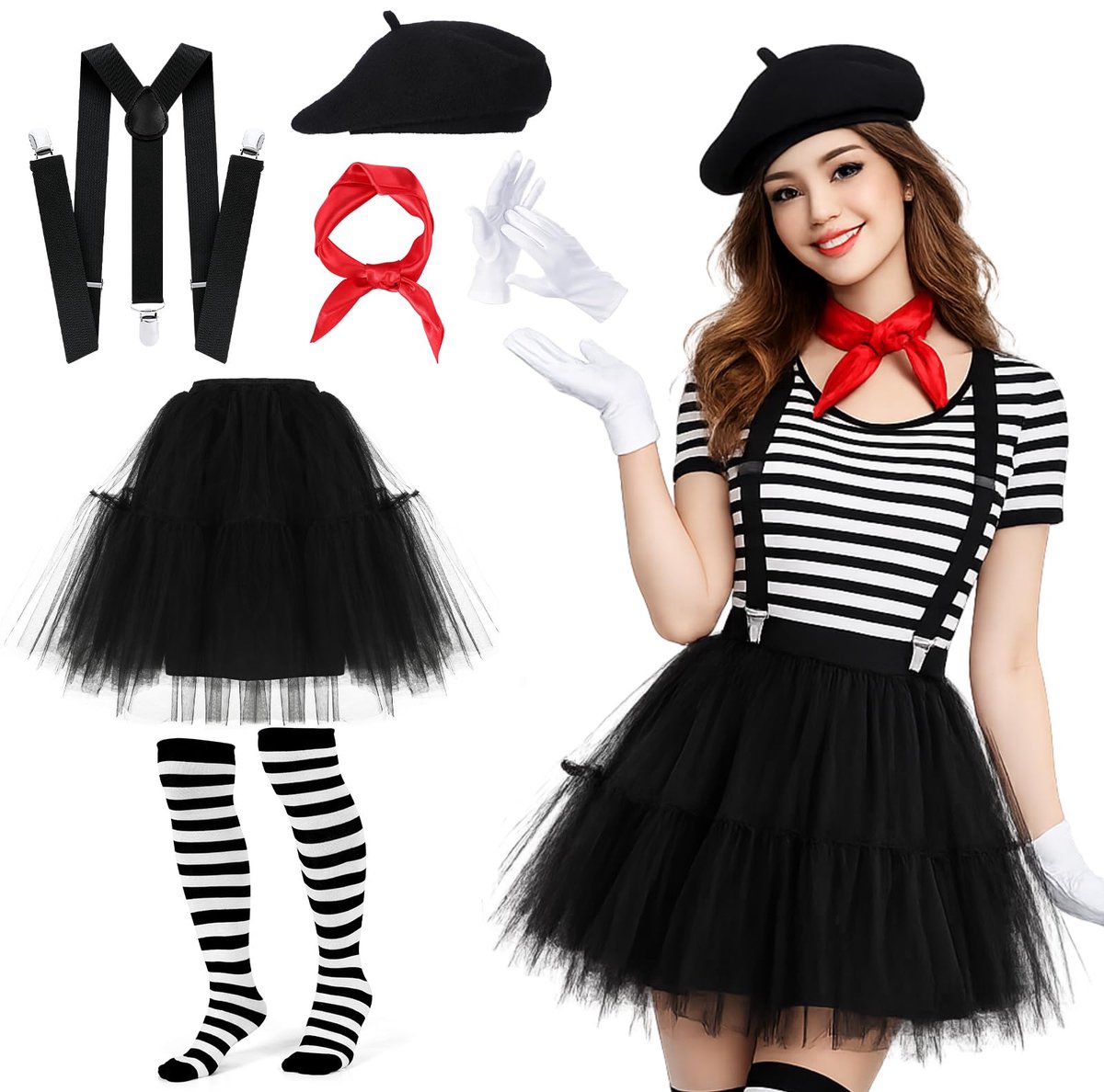 Carnavalskostuum Dames - Compleet Mime-Kostuum - Inclusief Tutu-Rok, Baret, Bretels, Sjaal en Handschoenen