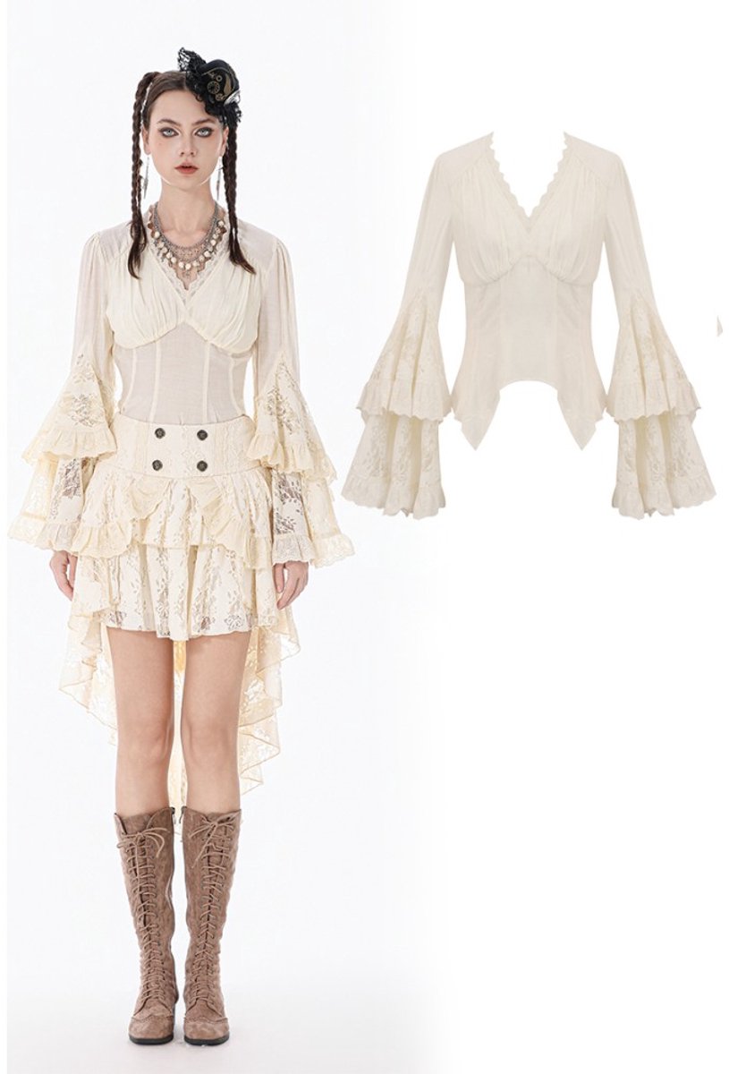 Dark in Love - Steampunk Lace FlareSleeve Longsleeve top - S - Creme