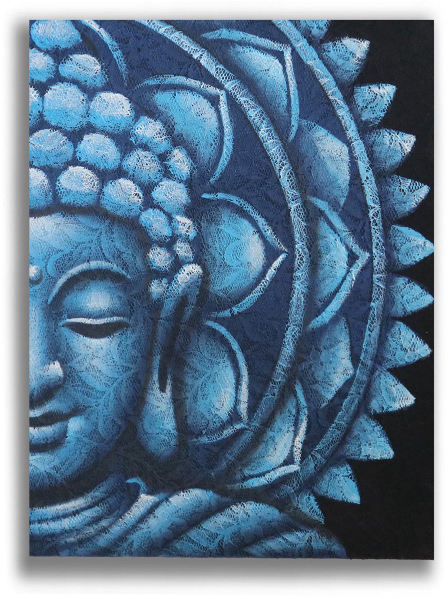 Ancient Wisdom Schilderij Blauwe halve Boeddha Mandala 60x80cm multicolor
