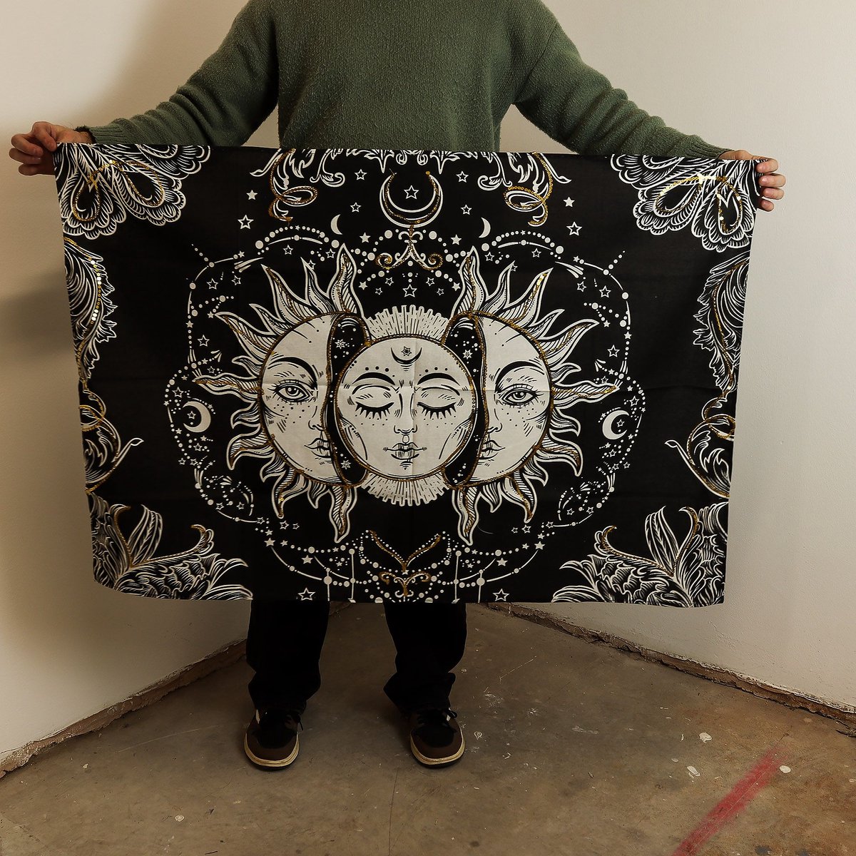 Ancient Wisdom Wandkleed - Katoenen wanddecoratie 70x110cm - wanddecoratie - kunstwerk - Capiz-glas - muurhanger - interieurdecoratie Goud
