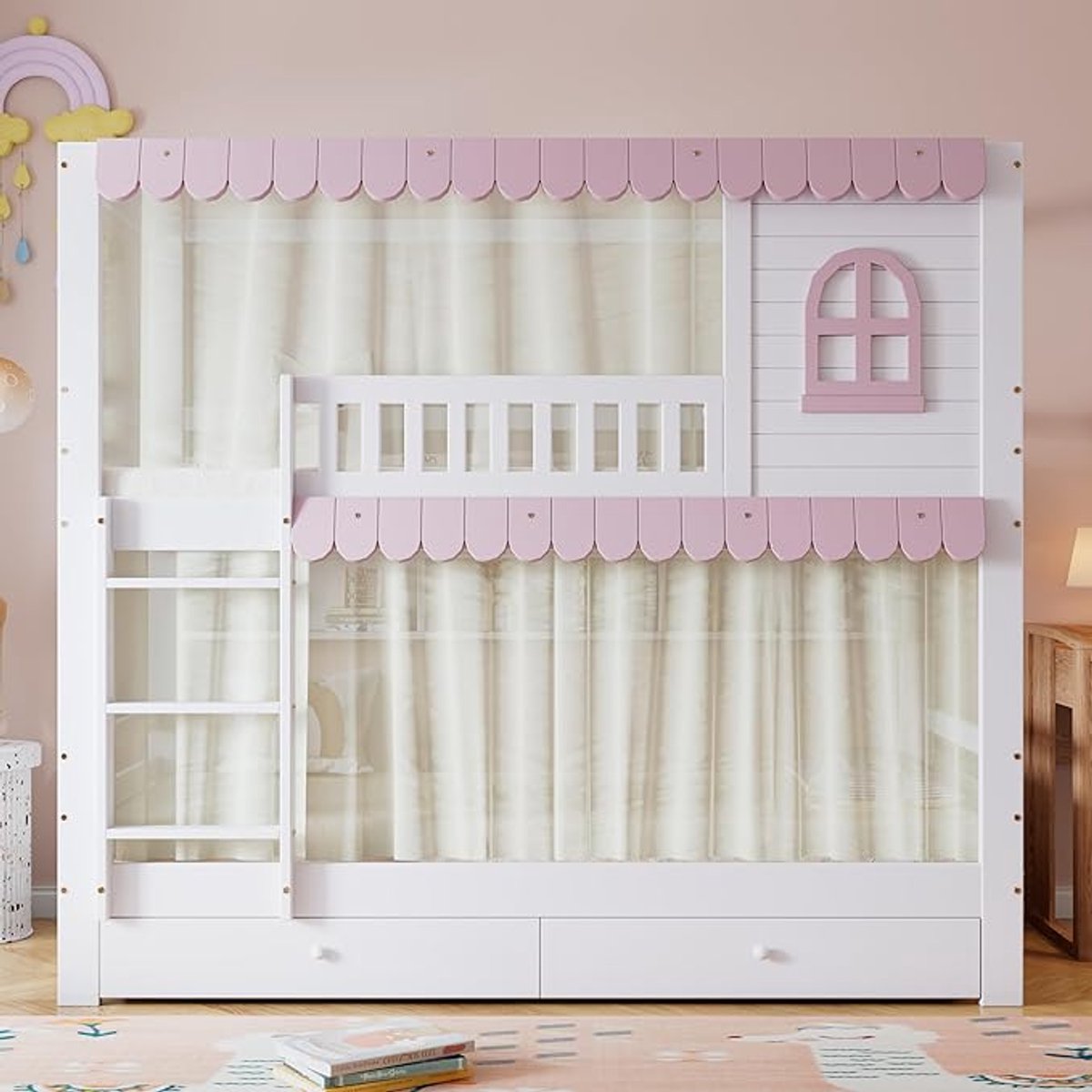 Kinder-Etagenbett 90x200 cm mit Schubladen, Leiter, Regalen & Fallschutz – Weiß & Rosa mit Vorhängen – Hochbett für Kinder, Viel Stauraum, EN747 Zertifiziert – Pauwhome
