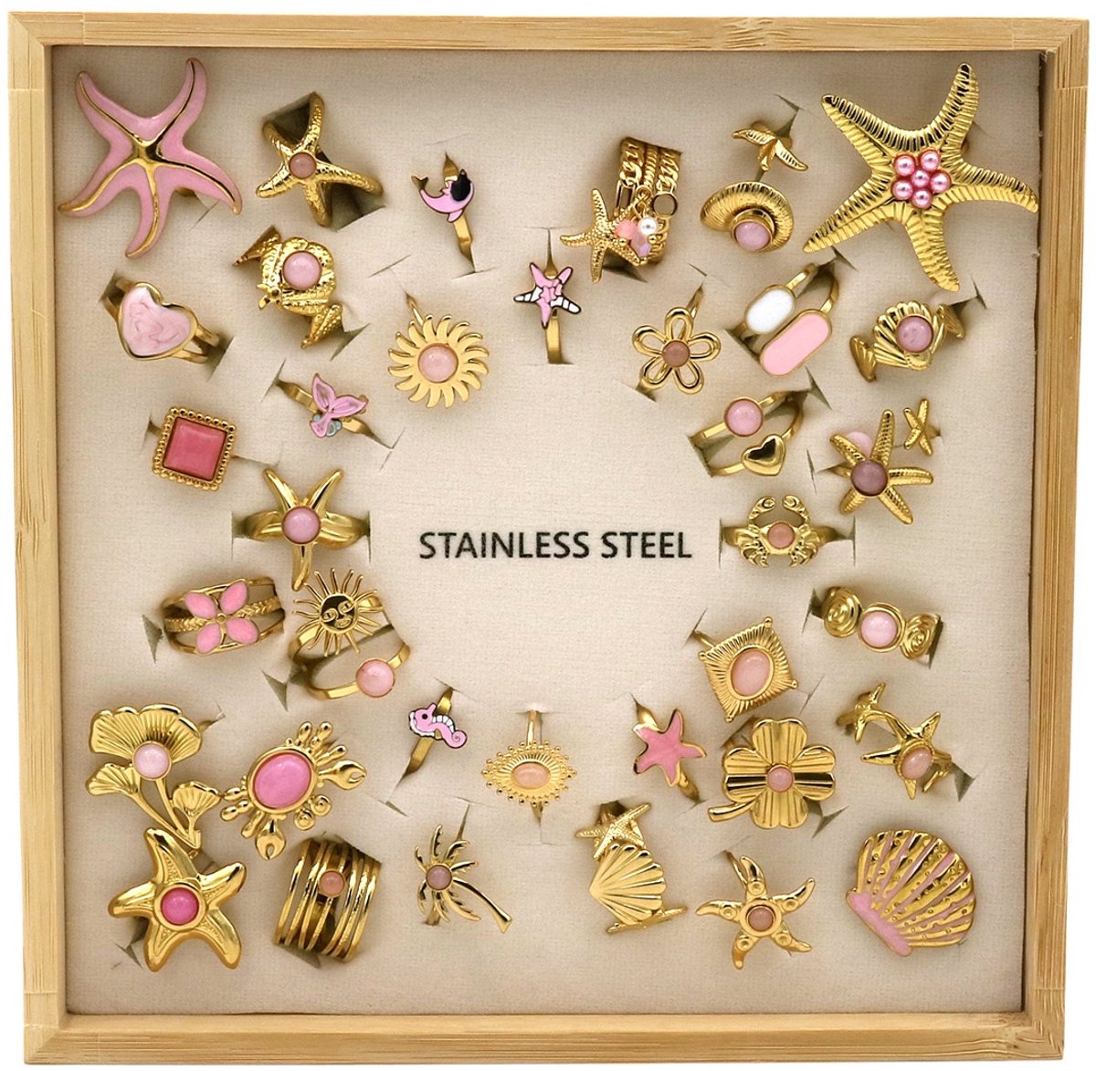 Ringenset - RVS - verstelbaar - 36 stuks - roze - display