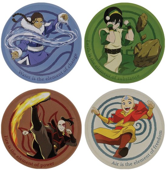 Quatre sous-verres ronds : Katara, Toph, Zuko et Aang. "Water is the element of change", "Earth is the element of substance".