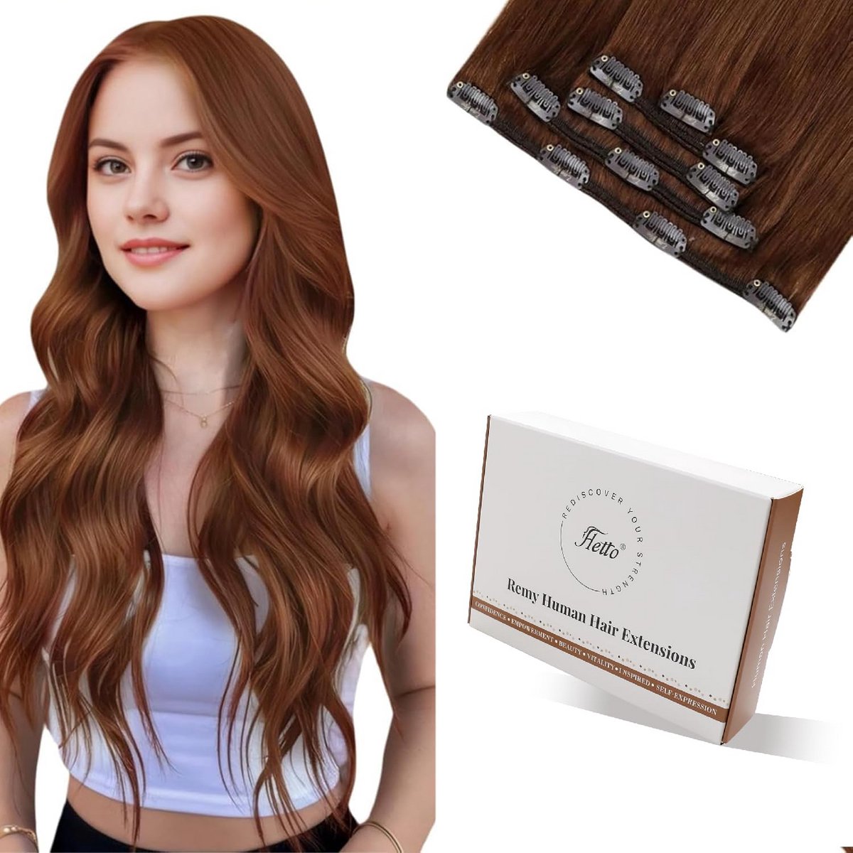 Clip in Haarextensies Echt Menselijk Haar 45 cm Roodbruin 5 Stuks Volume