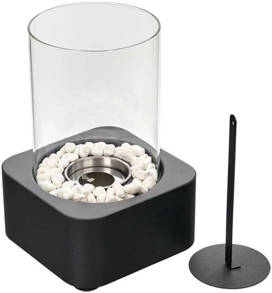 Glowy Bio Ethanol Tafelhaard - Vierkant - Sfeerhaard Binnen & Buiten - Moderne Bio Ethanol Haard incl. Stenen - Zwart - 18,5 cm