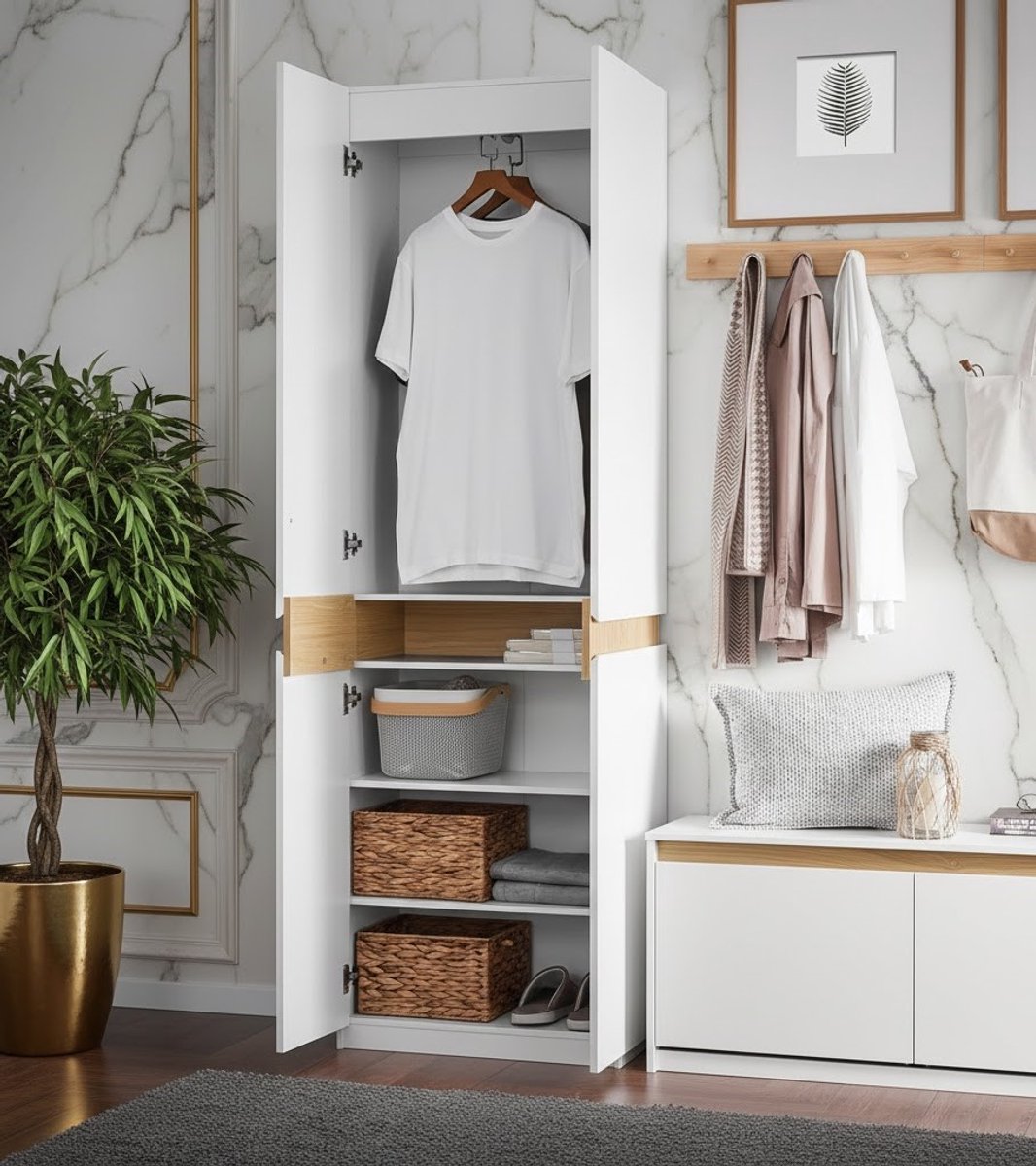 Slimline Opbergkast – 2-Deurs Hoge Kledingkast met 5 Vakverdeling, Kledingstang en Multifunctionele Opbergruimte – Witte Smalle Kast voor Slaapkamer, Hal, Berging – 61x192x30 cm, 65 kg Draagvermogen - House & Garden