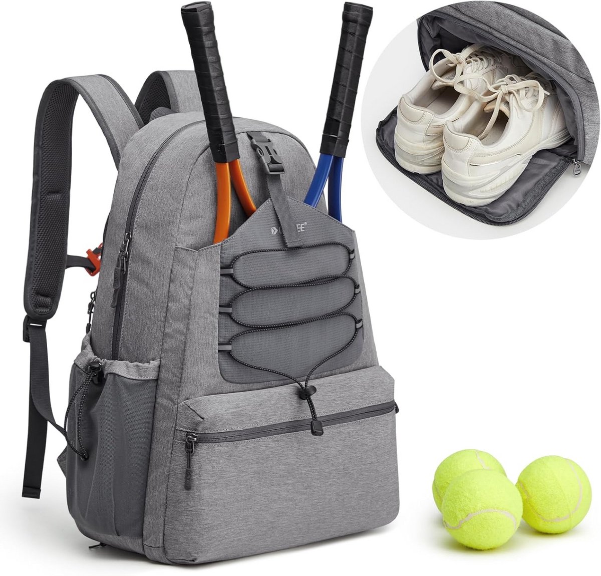 Sporttas - Outdoor rugzak - Sportuitrusting vervoeren - Gescheiden schoenenvak - Houdt 4 rackets - Grijs