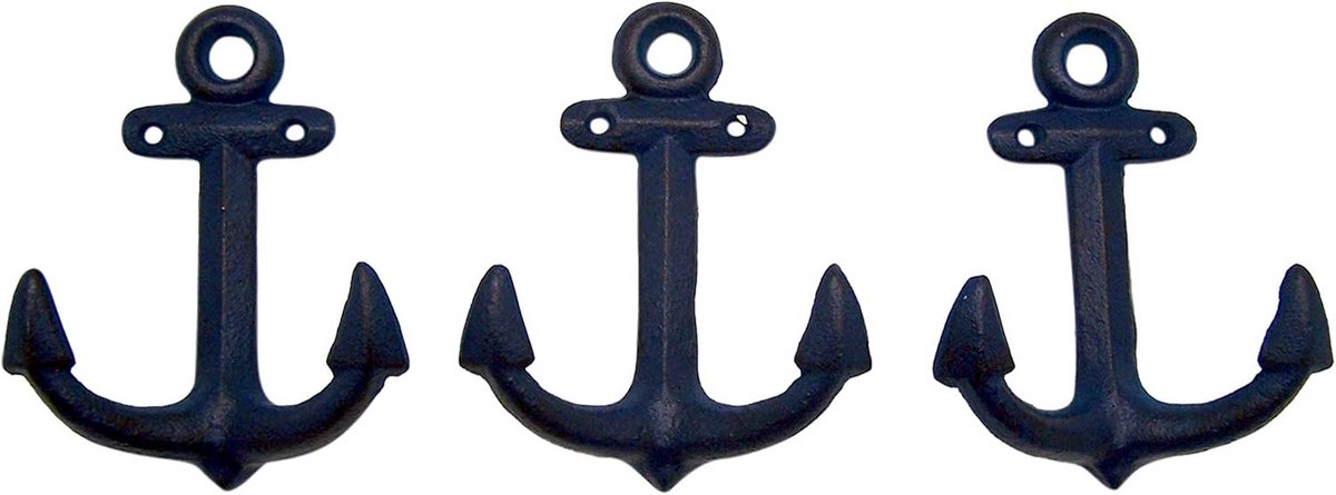 Scheepsanker wandhaak set van 3, 15,5 cm, gietijzer, blauw